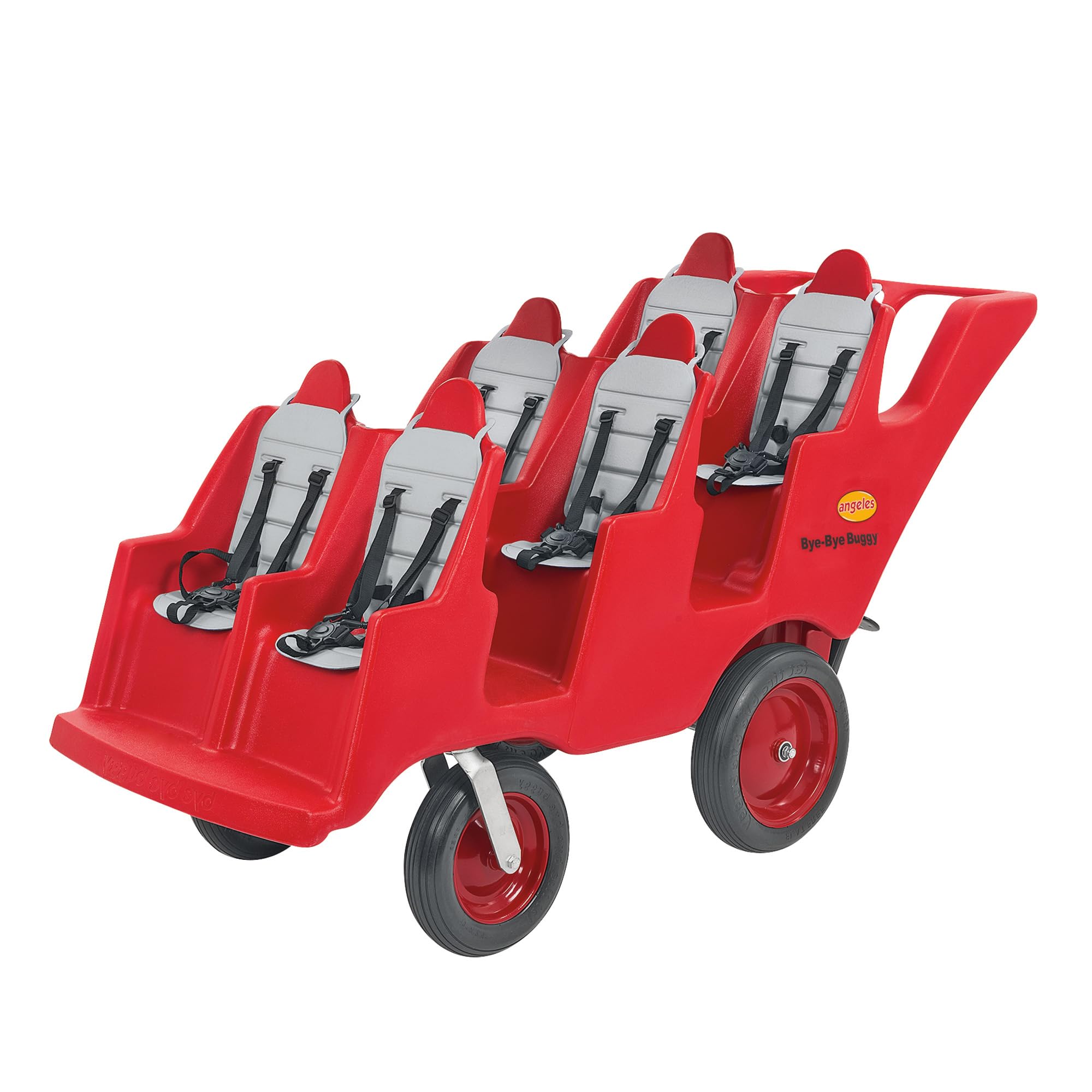 Photo 1 of Angeles Bye Bye Buggy 6 Passenger Stroller, Sturdy Daycare Stroller with Fat Tires, Easy-to-Fasten Safety Buckles, Parking Brake, & 360 Pivoting Wheels, Red
