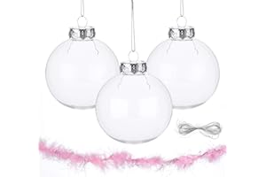 LEMONFILTER Christmas Tree Ornaments Balls,12Pcs 3.14inch Clear Plastic Fillable Shatterproof Christmas Ornaments Balls with Pink Feathers and String for New Years Decoration Hanging Balls Christmas Decor