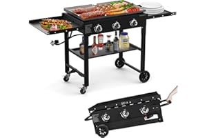 BESTFIRE Foldable Flat Top Grill, Outdoor Griddle-3 Burner Propane Griddle with Two Foldable Shelves,36" Flat Grills Outdoor-45,000 BTU Gas Grill for BBQ& Outdoor Cooking,Black