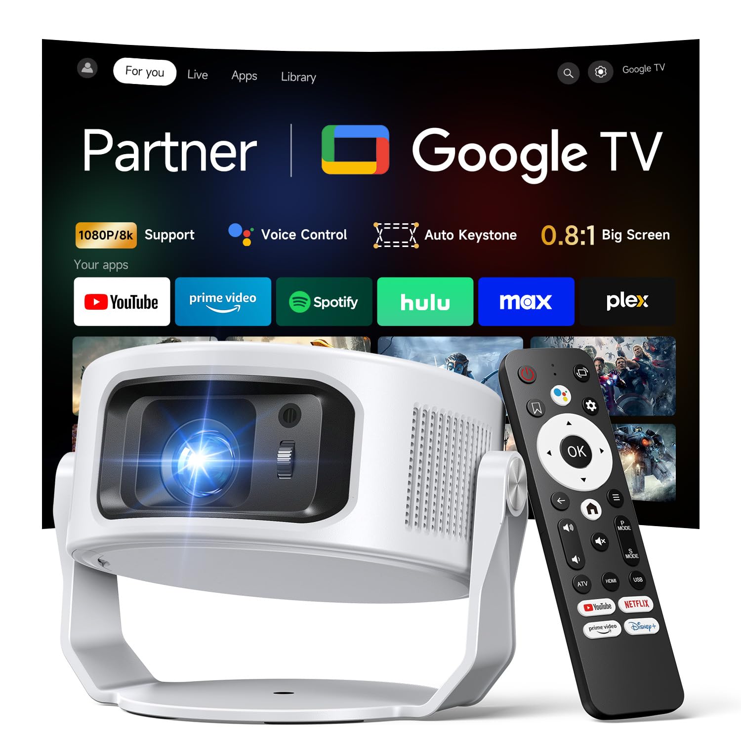 Photo 1 of Philoent?Google TV Included?Smart Mini Projector, Ultra Short Throw for Big Screen in Small Room, Auto Keystone Portable Proyector with WiFi Bluetooth, Support 4K Movie – Home Theater Bedroom Outdoor