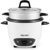 AROMA&reg; Rice Cooker, 3-Cup (Uncooked) / 6-Cup (Cooked), Steamer, Small Rice Cooker, Oatmeal Cooker, Soup Maker, Auto Keep Warm, 1.5 Qt, White, ARC-743-1NG