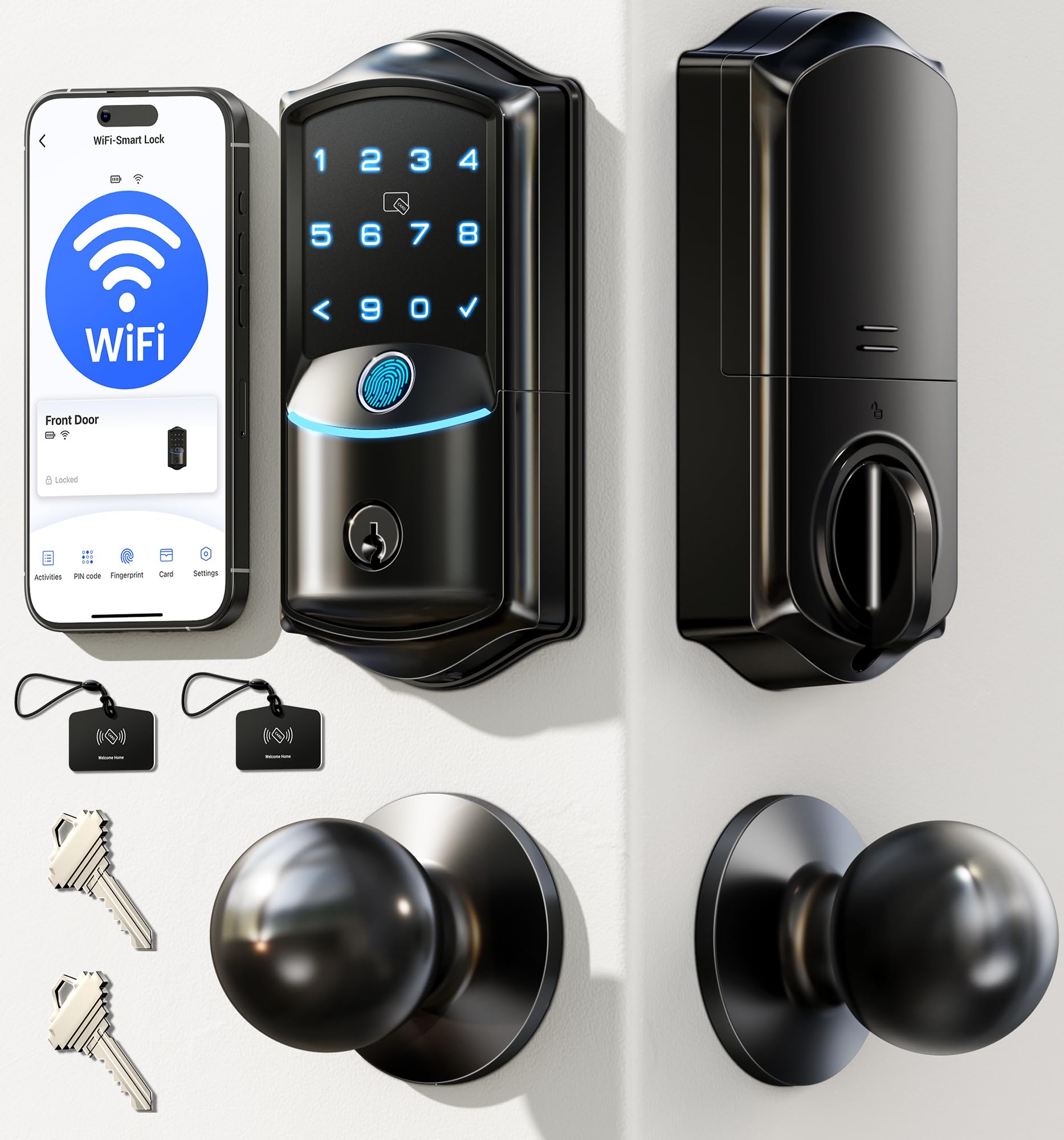 Photo 1 of Veise VE027-K Built-in WiFi Smart Lock with 2 Knob, Fingerprint Keyless Entry Door Lock Handle Set for Front Door, App Remote Control, Electronic Digital Keypad Deadbolt, IP65 Waterproof, Matte Black