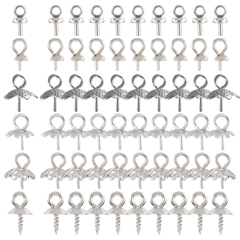SUNNYCLUE 1 Box 60Pcs 6 Style Eye Pin Bails Cup Pearl Peg bails 304 Stainless Steel Screw Eye Pin Bail Peg Charm Clasps Connector Peg Pin Bails for jewellery Making Accessories DIY Half Drilled Beads