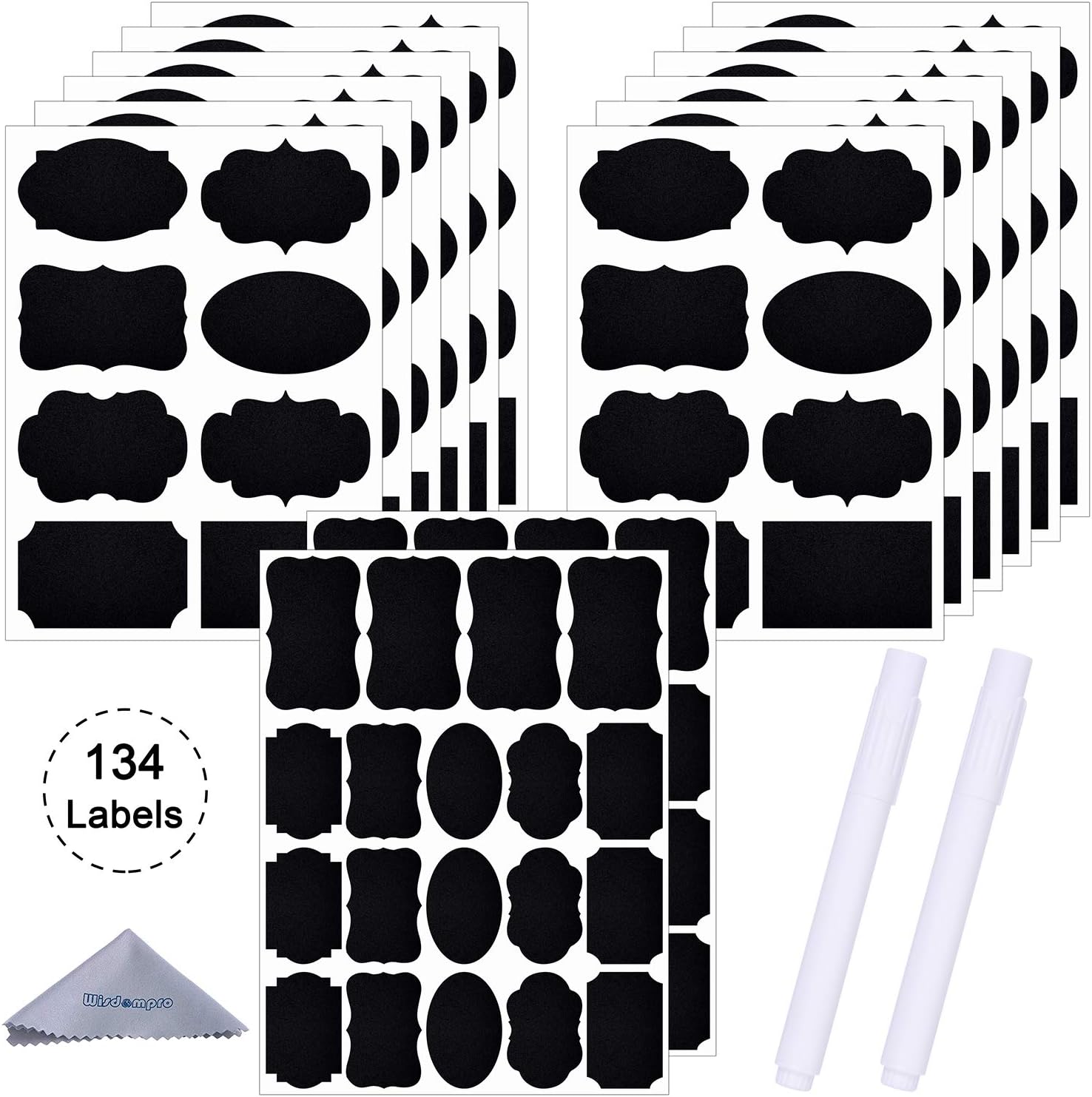 Wisdompro 134 Chalkboard Labels with 2 Chalk Markers, Removable and Waterproof Blackboard Stickers for Food Jars Spice, Glass