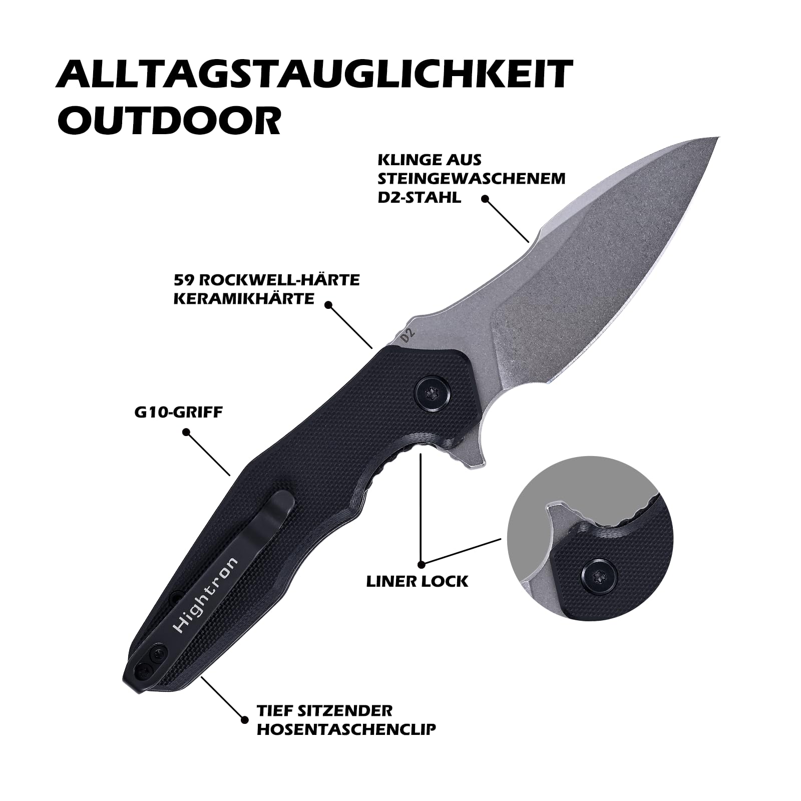 Hightron MINI VENTURA Taschenmesser für Herren, Flipper-Klappmesser mit 7.24CM Scharfer Stonewashed-Klinge aus D2-Stahl & G10-Griff, Kleines Taschenmesser mit Taschenclip für den Außenbereich, Schwarz 2