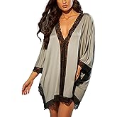 ZAFUL Nightgowns for Women Sexy Deep V Neck Lace Trim Pajama Nightdress Batwing Sleeve Pullovers Sleepwear