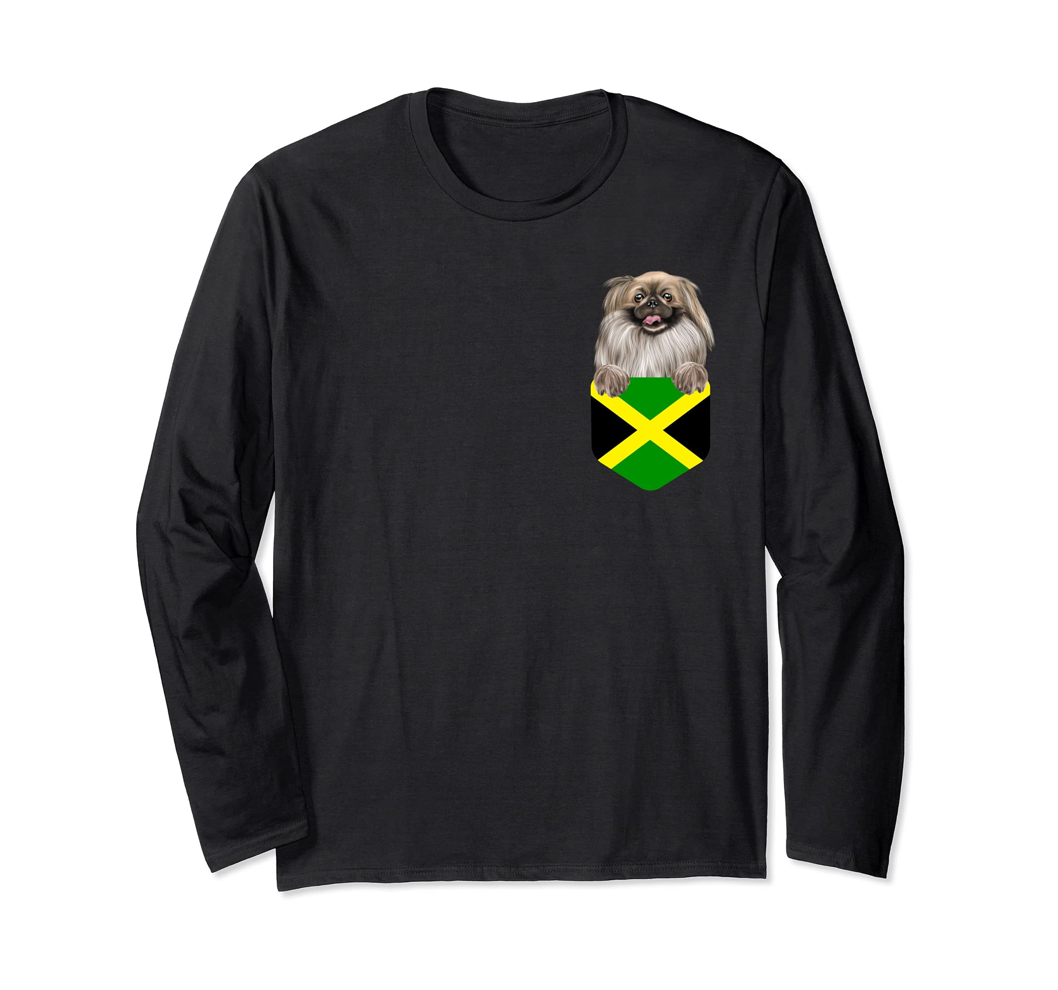 Jamaica Flag Pekingese Dog In Pocket Long Sleeve T-Shirt