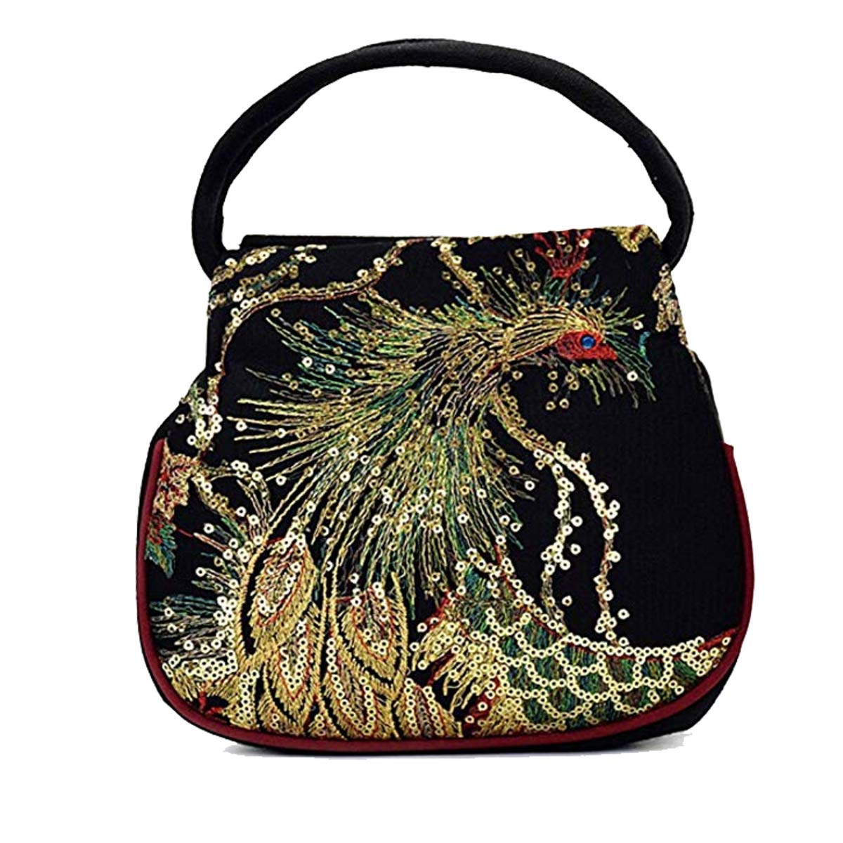 Puyang Women Mini Sequins Peacock Embroidery Ethnic Retro 2 compartments Handbag(Black)