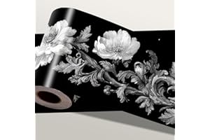 IOHEFY Black White Floral Wallpaper Border 196x4 Inch Removable Wall Border Peel and Stick Rose Flower Design for Bedroom Bathroom Living Room Kitchen Wall Trim Decor Elegant Vintage Style