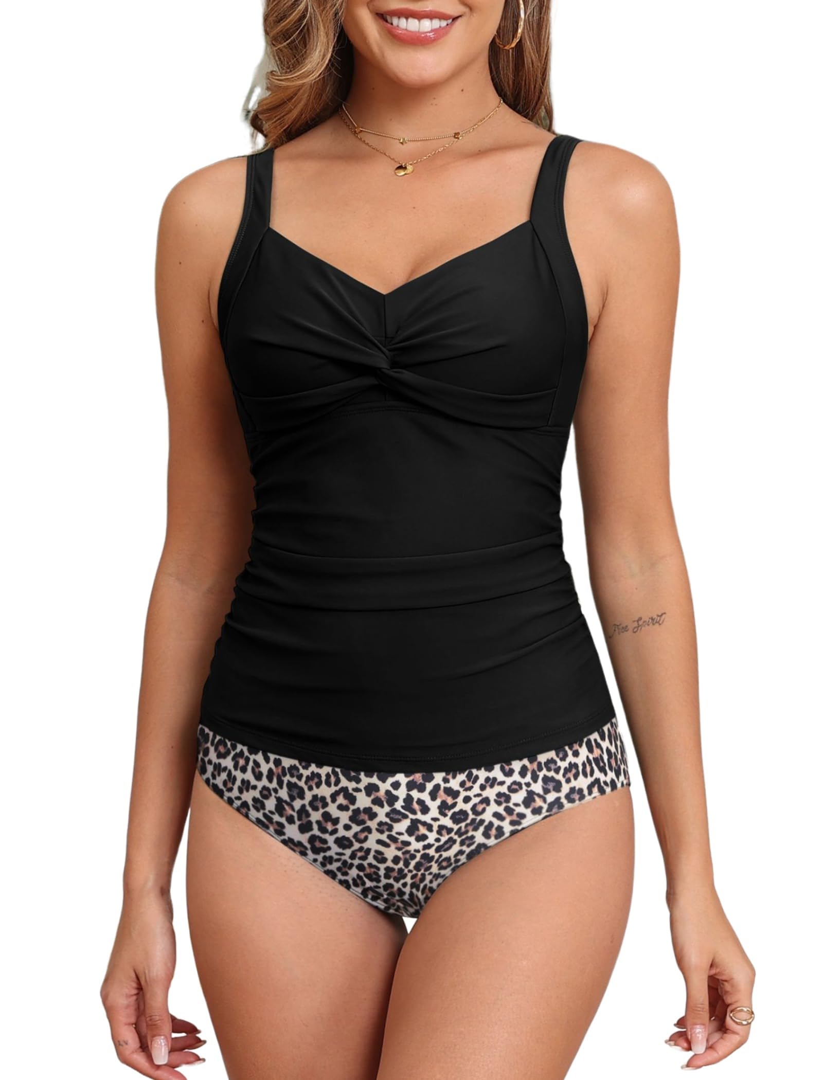 Photo 1 of ZAFUL Women's Tummy Control Tankini Swimsuits Twist Front High Waisted Ruched Bikini (-Black, L)