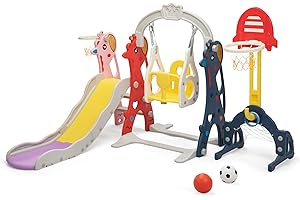 NYEEKOY Neekoy 6-in-1 Toddler Slide and Swing Set for Kids, Toddler Swing with Basketball Hoop, Suitable for Outdoor Indoor Playground for Kids Age 1+, Red and Yellow