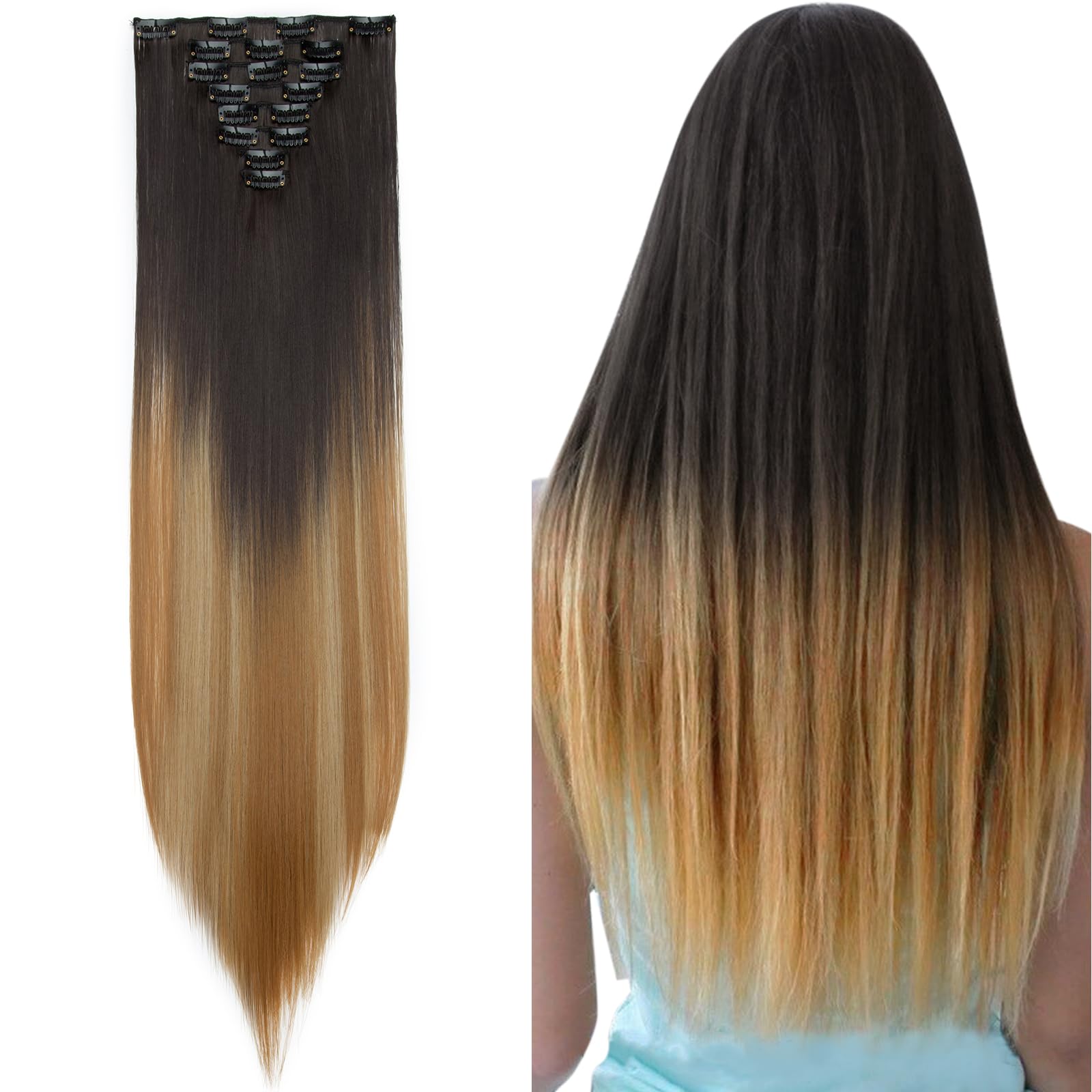 26inches Clip in Hair Extensions #Dark Brown to Ash&Blond Mixed 100% Synthetic Hairpiece Extension 8pcs Long Straight Hair Pieces For Full Head