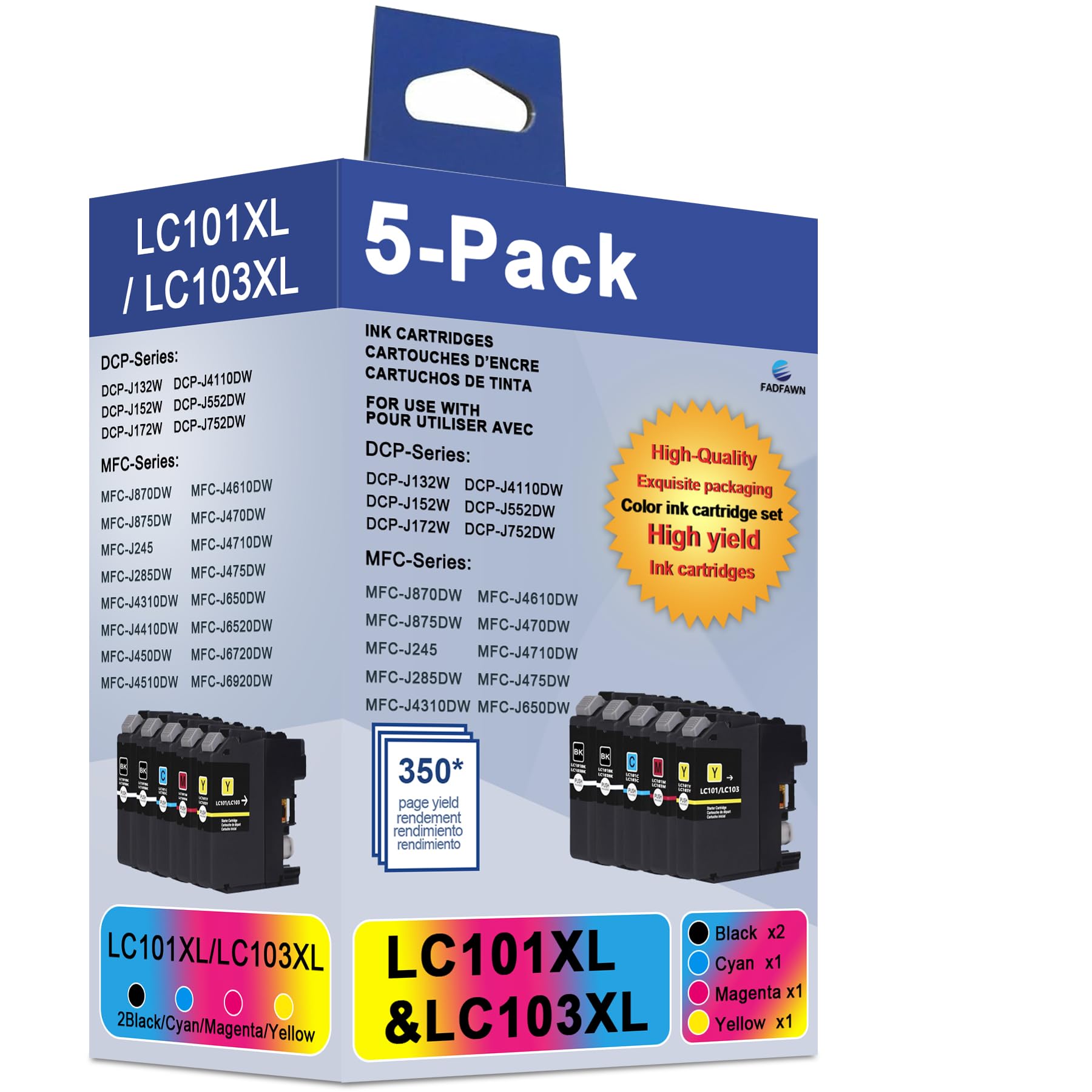 Photo 1 of LC101 LC103 XL Ink Cartridges High Yeild Replacement for Brother LC101XL LC103XL Ink Work for MFC-J870DW MFC-J6920DW MFC-J6520DW MFC-J450DW Printer (2Black 1Cyan 1Magenta 1Yellow, 5-Pack)