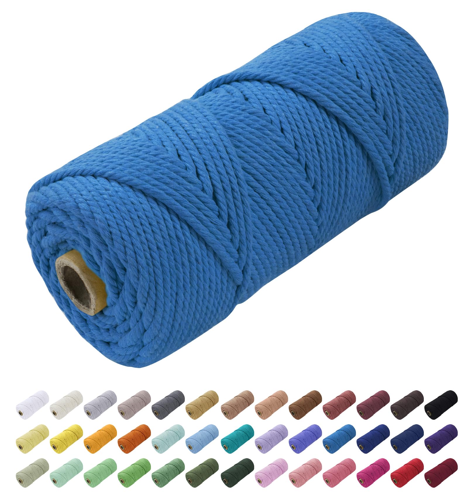 Uiopa Macrame Cord 4mm x 100m, Thick Rope Yarn Natural Cotton Cord, 4-Ply Macrame String for DIY Crafts, Plant Hangers, Wall Hangings, Decorations (Lake Blue)