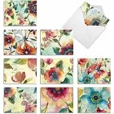 The Best Card Company - 10 Boxed Note Cards with Flowers - Blank Assorted Floral Notecards Bulk (4 x 5.12 Inch) - Watercolor Botanicals M3314