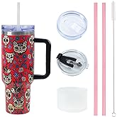 Jormungand 40 oz Tumbler with Handle and Straw Stainless Steel Vacuum Insulated Water Bottle for Hot or Cold Beverages Coffee Mug with Leak Proof Lid Gift for Women&Men Red Sugar Skull