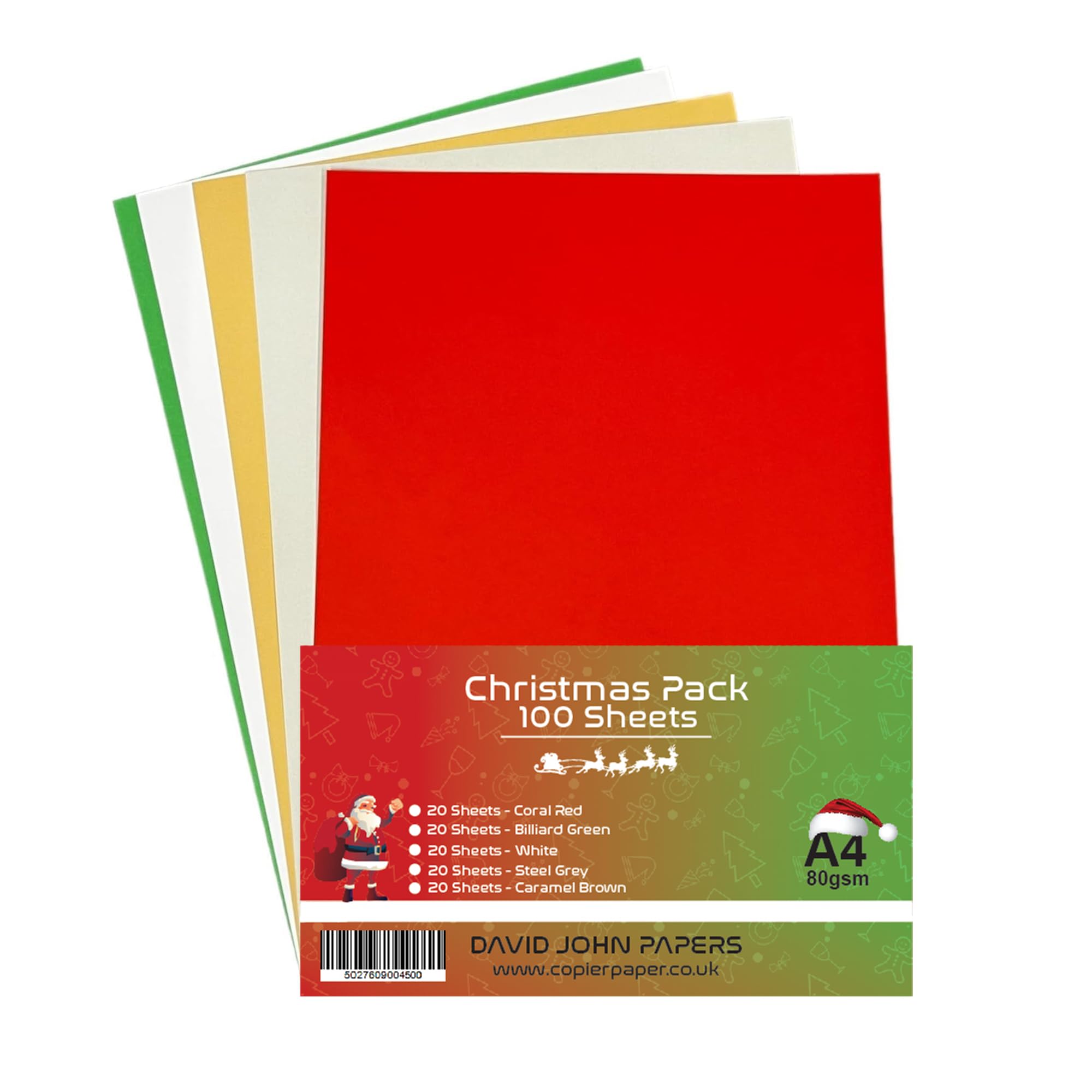 DJP 80gsm A4 Christmas Coloured Assorted Paper Crafts Pack - 100 Sheets