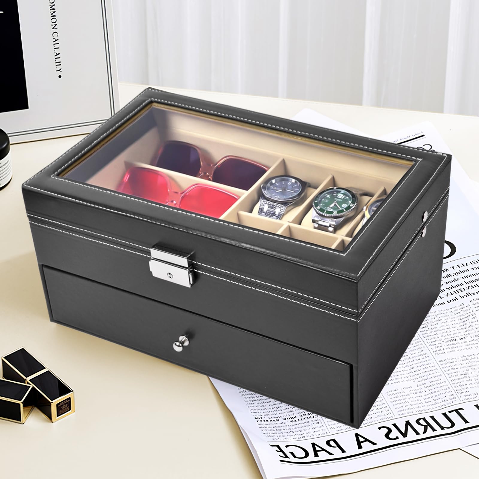 Vevitts 2 Layers 6 Slots Watch Boxes and 9 Pieces Eyeglasses Sunglasses Storage,Black Leather Watch Jewelry Eyeglasses Sunglasses Display Case Organizer for Women and Men