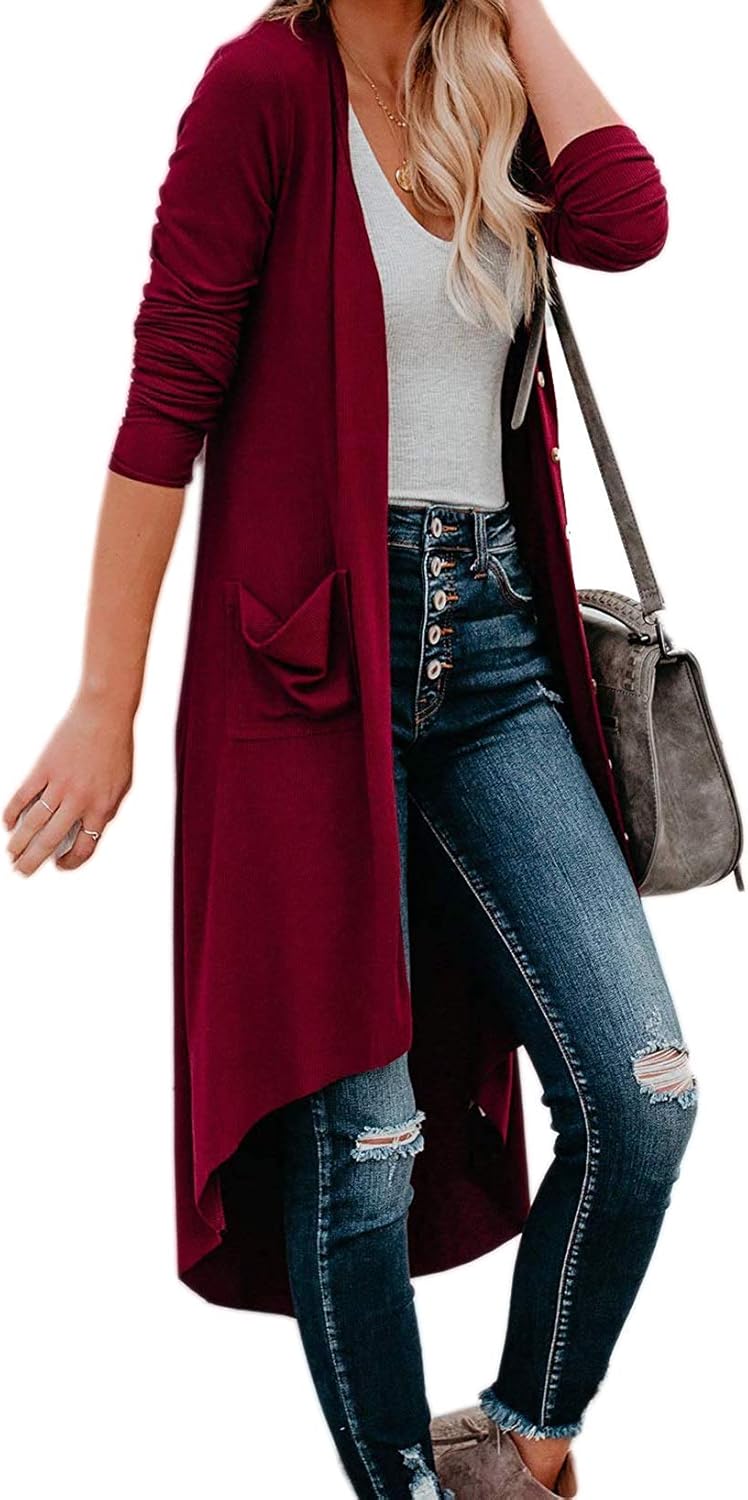 Bibowa Womens Long Lounge Sweater Drape Open Asymmetrical Cardigan with Pockets