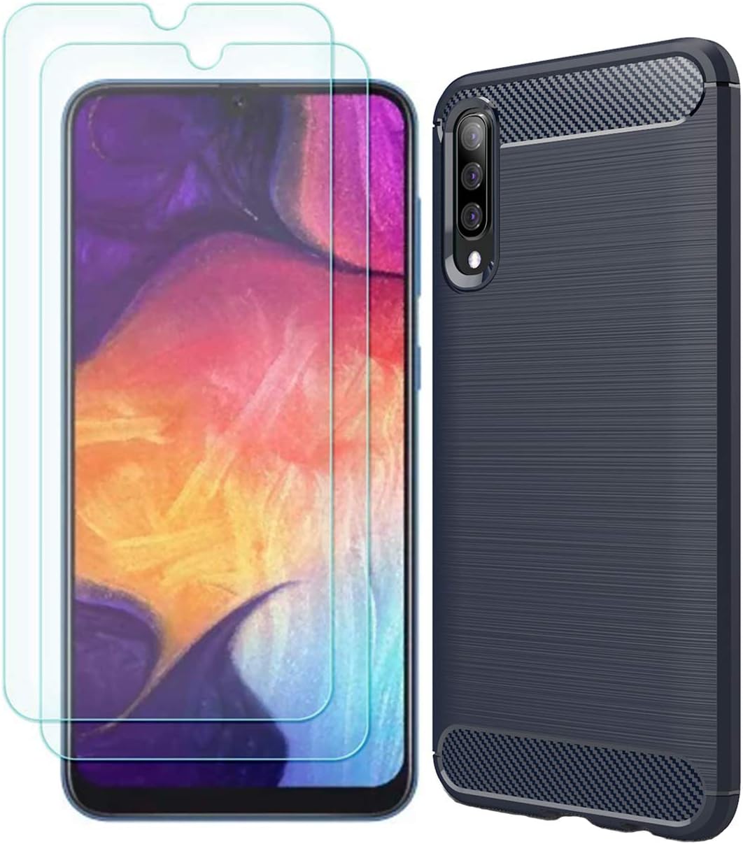 MYLBOO Compatible with for Samsung Galaxy A50/A50S/A30S Case,[3 in 1] Soft Slim Flex TPU Silicone Phone Case + [2 Pack] 9H Tempered Glass [Anti-Scratch] for Galaxy A50/A50S/A30S (Navy)