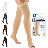 Truform 20-30 mmHg Compression Stockings for Men and Women, Thigh High Length, Dot-Top, Open Toe, Beige, Medium
