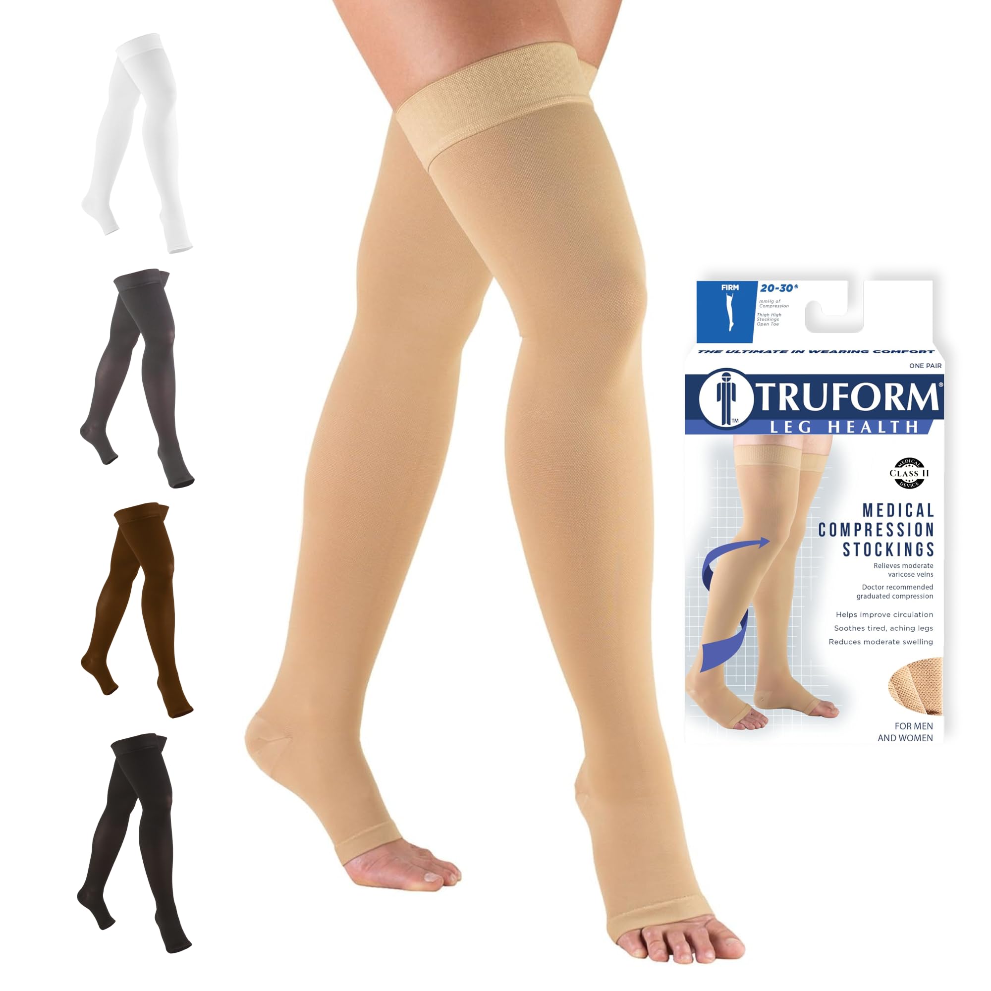 Photo 1 of Truform 20-30 mmHg Compression Stockings for Men and Women, Thigh High Length, Dot-Top, Open Toe, Beige, Medium