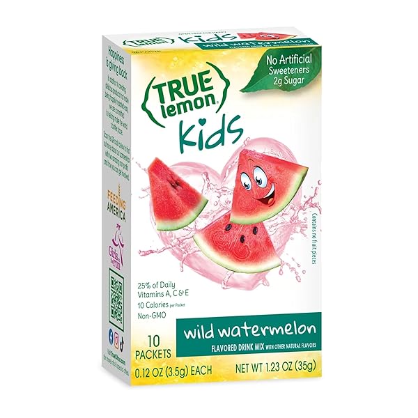 TRUE LEMON KIDS WILD WATERMELON (10 PACKETS) – HYDRATION FOR KIDS – NO PRESERVATIVES, NO ARTIFICIAL FLAVORS & SWEETENERS – LOW SUGAR WATER FLAVORING – JUICE POWDERED DRINK MIX