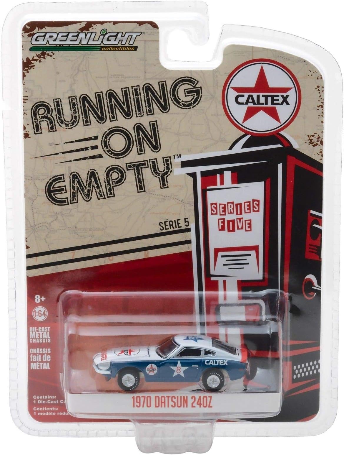 NEW DIECAST TOYS CAR GREENLIGHT 1:64 RUNNING ON EMPTY SERIES 5-1970 DATSUN 240Z - CALTEX 41050-E