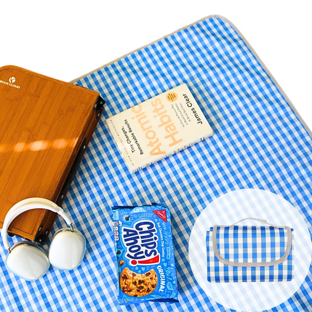 Photo 1 of Cute Gingham Picnic Blanket, Waterproof Foldable, in Large 80x60in and Extra Large 80x80in, Portable Compact Beach Blanket, Oversized XL Outdoor Mat (Blue, X-Large)