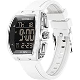 CARLIEN Men's Digital Sports Outdoor Tonneau Watch, 5ATM Waterproof, Square Tactical Silicone Strap Wristwatch, Dual Time Alarm Countdown Stopwatch LED Backlight