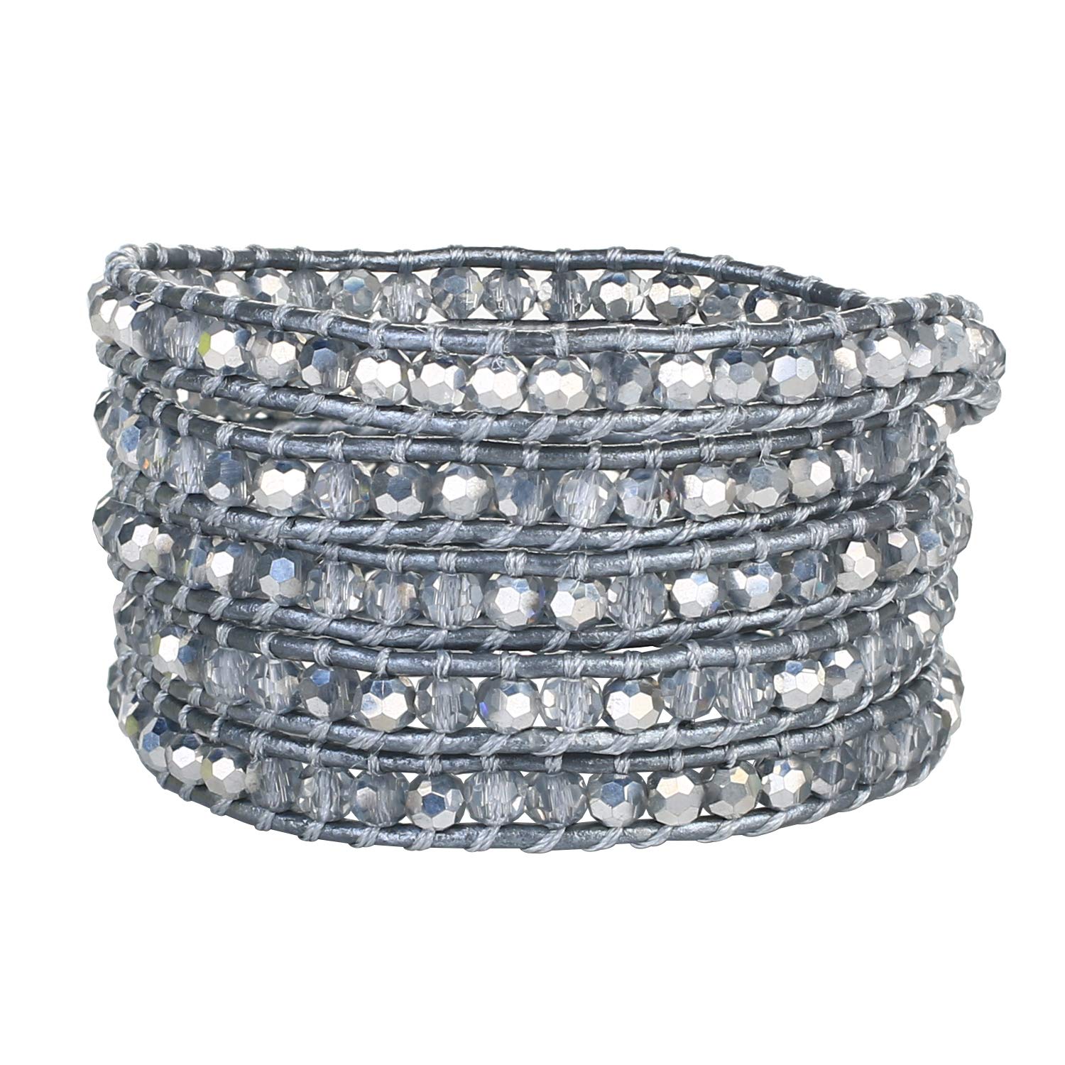 KELITCH Gray Crystal Beaded Genuine Leather 5 Wrap Bracelets Handmade New Jewelry (Silver)