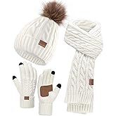 Remifa Winter Hat Scarf Gloves Set for Women, 3 PCS Beanie Hat Touchscreen Glove Long Neck Kint Scarf Valentines Gifts