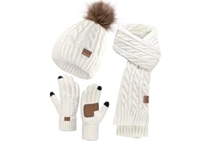 Remifa Winter Hat Scarf Gloves Set for Women, 3 PCS Pom Pom Beanie Hat Touchscreen Glove Long Neck Kint Scarf Christmas Gifts