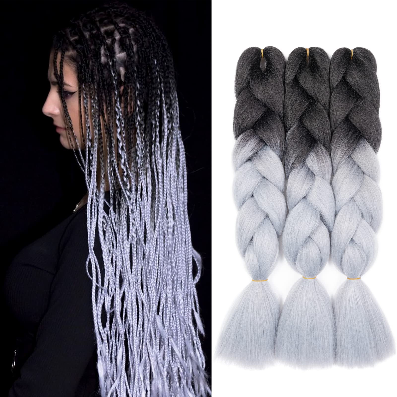 Gairyan Braiding Hair Extensions Ombre Jumbo Braids Synthetic Hair 3 Packs 24 inches 300g Coloured Hair for Braiding Extensions Box Braids Crochet Twist (Black-Silver Grey) โ image 1