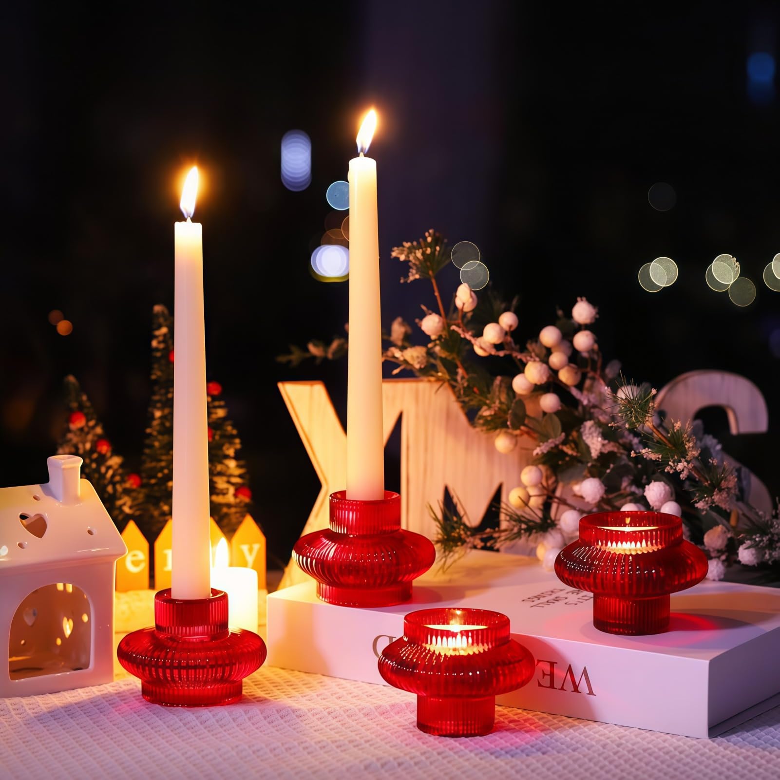 Vohocandle 6pcs Red Candle Sticks Holders for Candlesticks & Tealights, Ribbed Taper Candle Holder for Christmas Decorations, Candlesticks Holders Glass for Valentines Day, Outdoor Activities