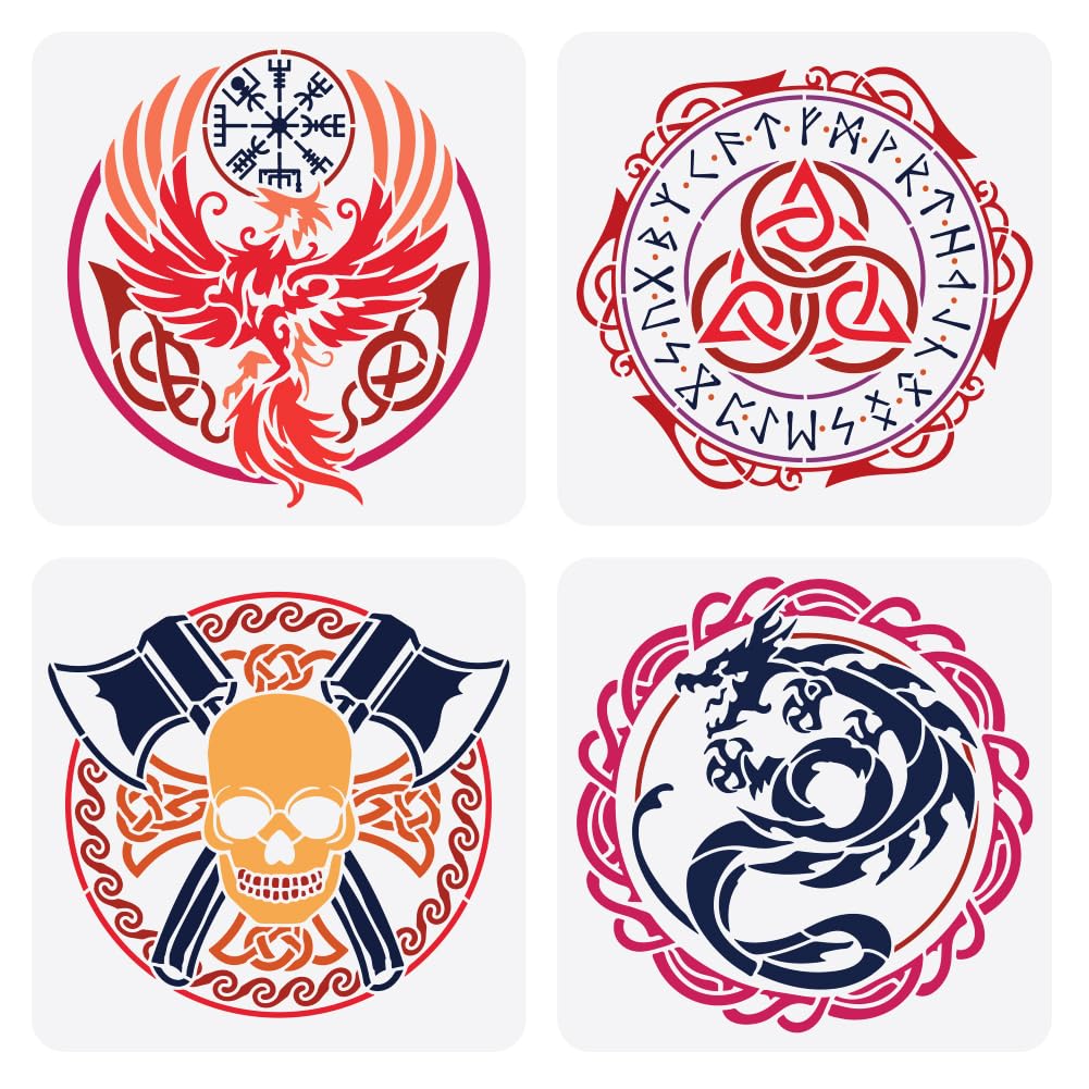 FINGERINSPIRE 4PCS Viking Dragon, Phoenix, Skull & Knot Stencil Set - 30x30cm - DIY Craft Stencil for Wall, Wood, Fabric