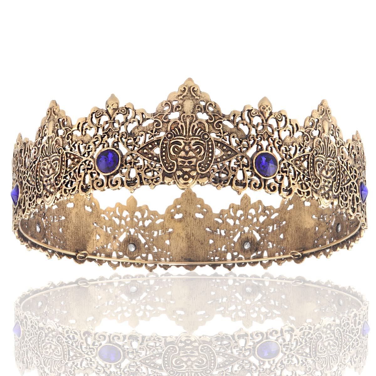 King Men Gold Tiara Crown Imperial Medieval Headband Crystal Pageant Costumes For Wedding Halloween Faire Birthday (Dark Gold With Blue Stone) — image 1