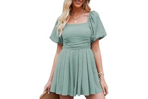 AlvaQ Women's Rompers Cute Puff Sleeve Elastic Summer Square Neck Casual Spring Mini Short Romper Jumpsuits