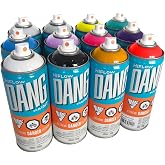 DANG HiFlow Graffiti Spray Paint Set of 12, Assorted Colors | High Pressure, 400ml Cans, Fast-Drying Gloss Finish, Weather Resistant, Ideal for Murals, Metal, Canvas, Orange Dot Fat Caps