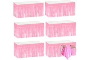 MEBIORNT 6 Pack 29x108 Inch Pink Metallic Foil Fringe Table Skirts Banner for Tinsel Streamer Garland Curtains Backdrop for Parade Floats Wedding Baby Shower Birthday Christmas Halloween Party Decoration