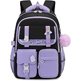 MUSEVOS Girls Backpack, Kids Backpack for Girls, School Bookbag for Teens Age 6-15, Large Capacity Water Resistant Backpack for Elementary to High School, Cute Travel Daypack, Black Purple