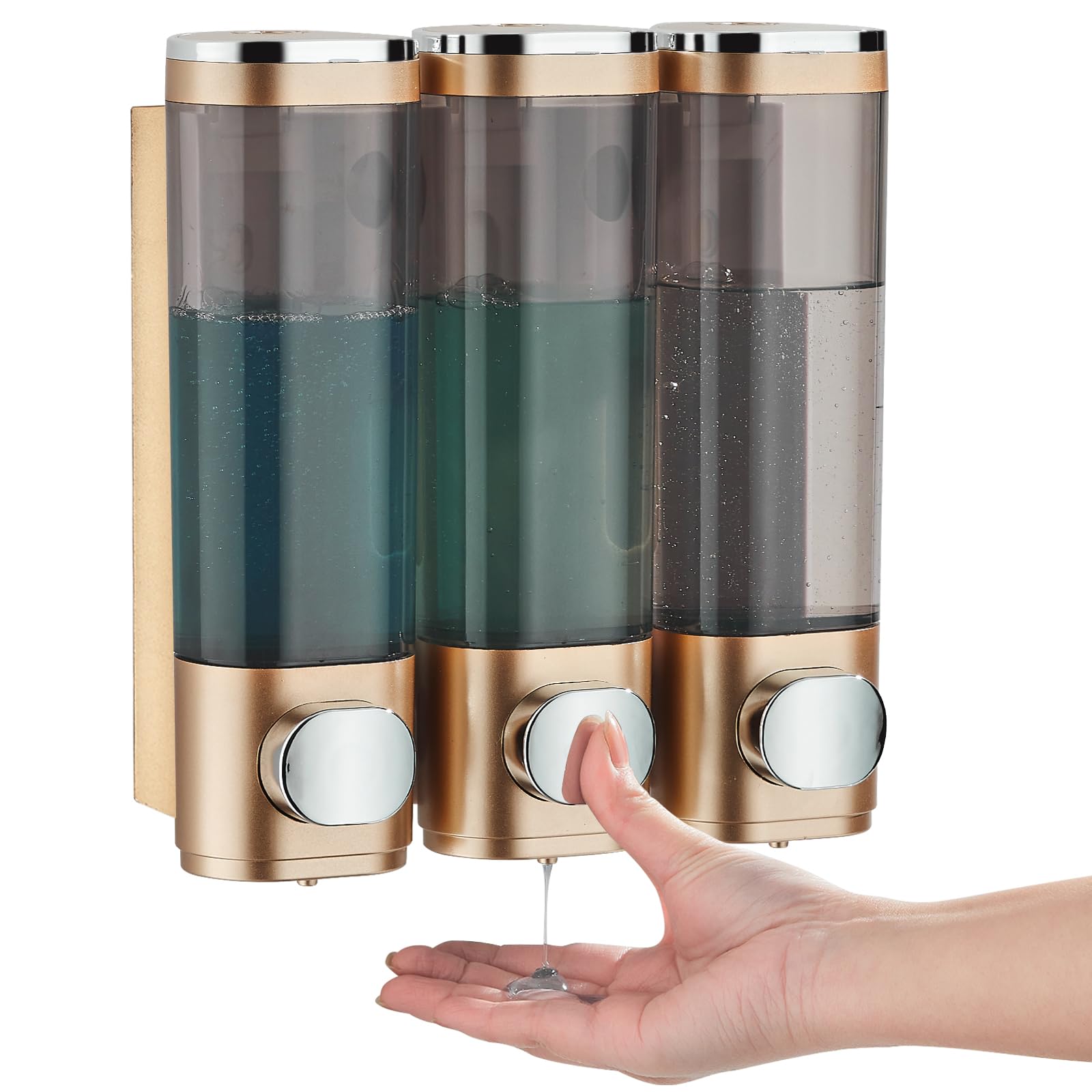 modunful Shampoo and Conditioner Dispenser, Shower Dispenser 3 Chamber No Drill Shampoo for Shower Wall Mounted Body Wash for Bathroom,Large Capacity,Gold