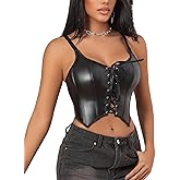 xxxiticat Women's Faux Leather Corset Shirt Sleeveless Lace Up Front Bandage Tie Black Cropped PU Leather Bustier Crop Top