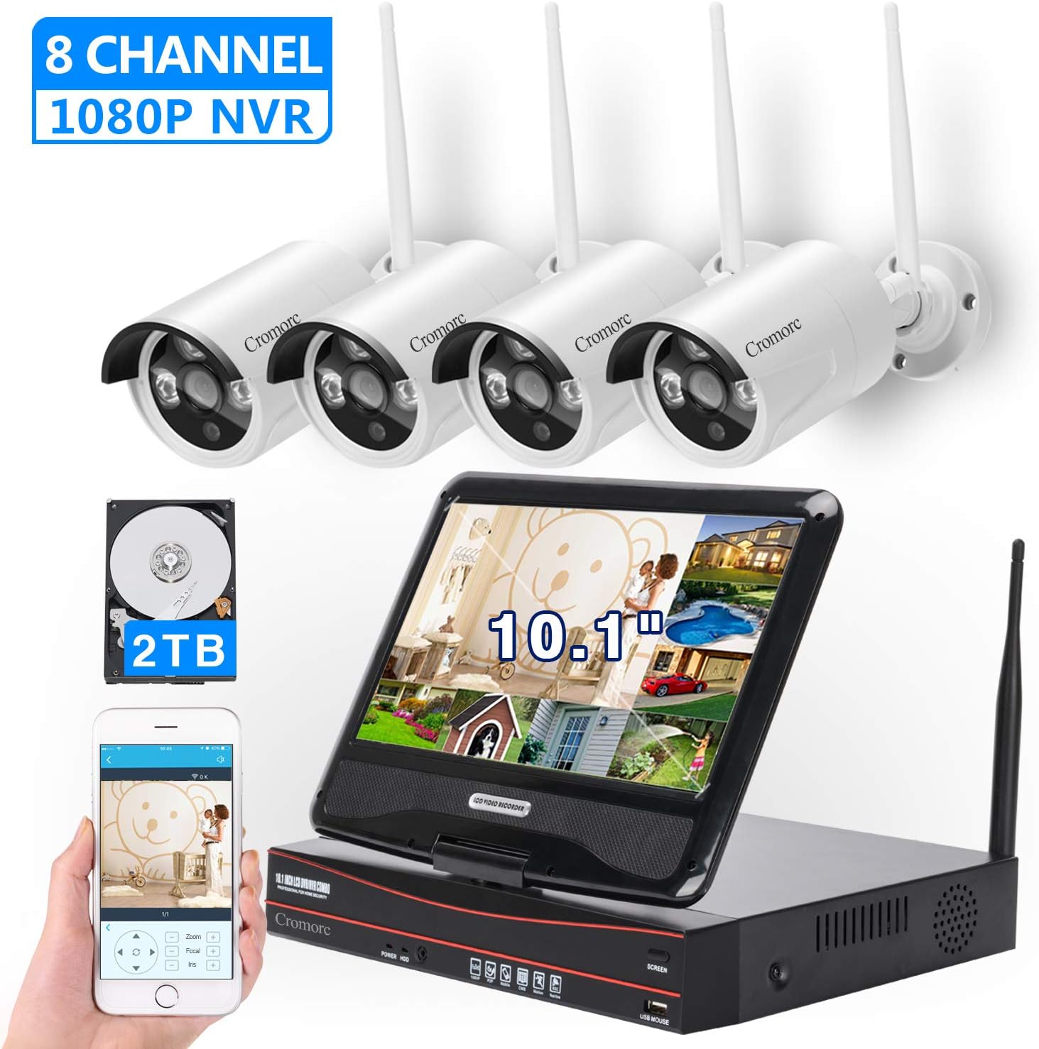 [8CH,Expandable]All in one with 10.1" Monitor Wireless Security Camera System, Cromorc Home Business CCTV Surveillance 8CH 1080P NVR, 4pcs 1.3MP 960P Outdoor Indoor Night Vision Camera, 2TB Hard Drive