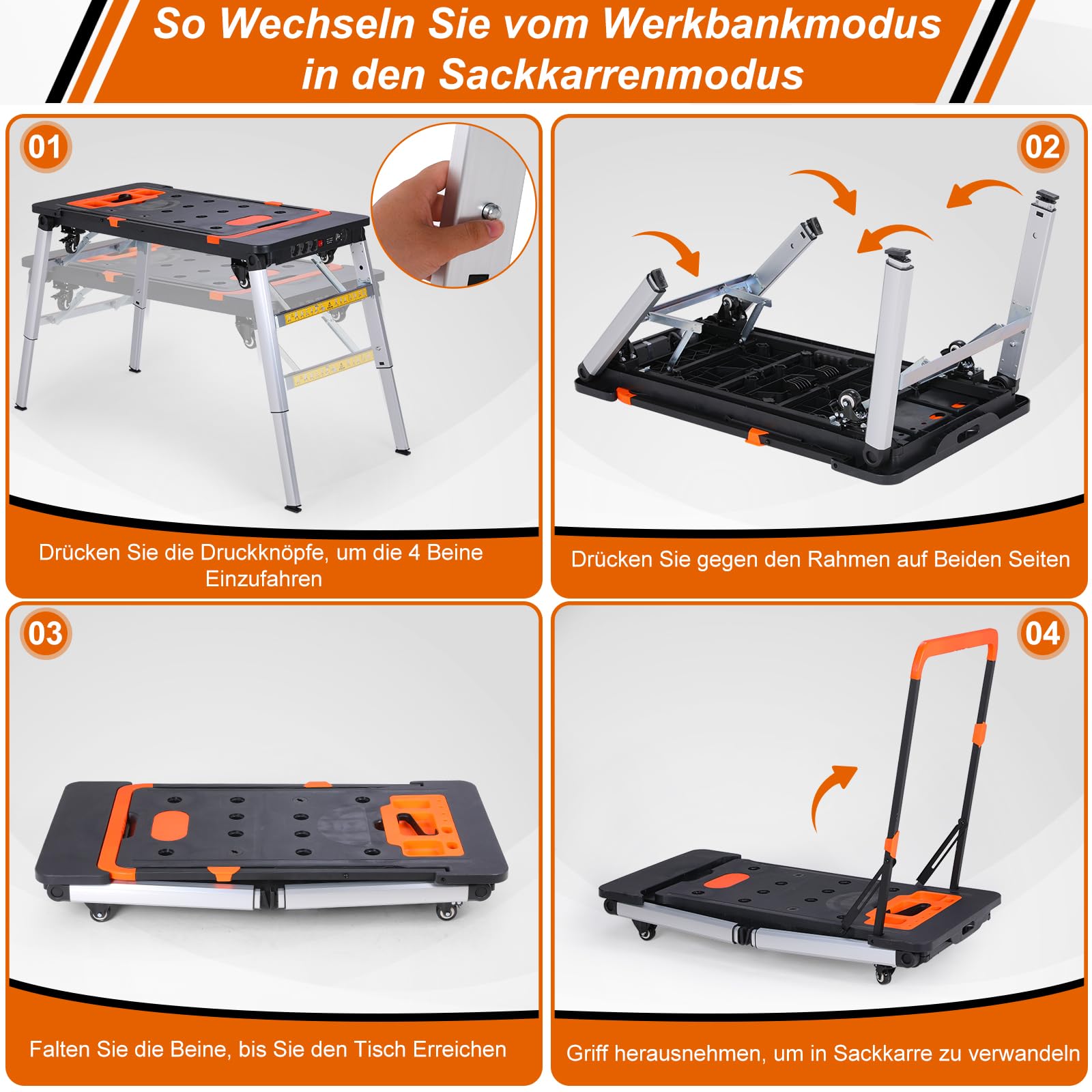 TLGREEN 7 in1 Klappbare Werkbank höhenverstellbar,Tragbare Werkbank Mobil,Arbeitstisch Klappbar,100-200kg Tragkraft,Multifunktionstisch mit 4 pcs Rollen,Werktisch Spanntisch für Werkstatt,Haus,Büro 7