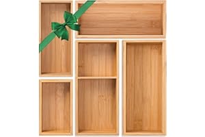 BUWHEEKOKI Bamboo Drawer Organizer 5 Pcs for Kitchen Multi-purpose Storage Dividers for Kitchen, Office, Jewelry, Cosmetics, Wooden Drawer Dividers for Drawer Organizer Desk Organizer Gift for Women Gifts Idea