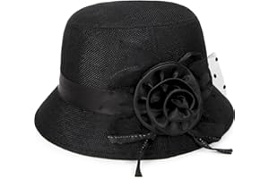 Women Vintage Felt Cloche Hat Feather Floral Flower Bucket Hat Church Derby Party Bowler Hats, Black, One Size
