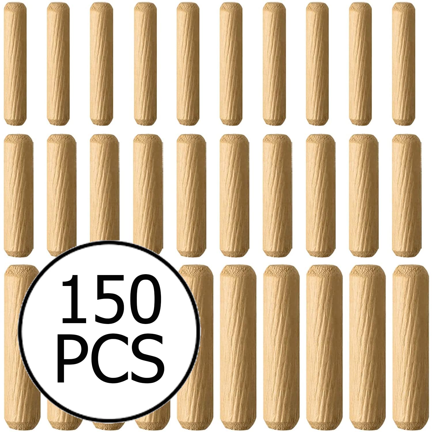 Wooden Dowel Pin Wood Kiln Dried Fluted Beveled Hardwood - 150 PCS (6mm-8mm-10mm)