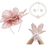 GAFATORY Fascinators Hat for Women 4 Pcs Tea Party Hat Set with White Lace Gloves Pearl Necklace Earrings for Cocktail Wedding Funeral