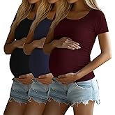 Ficerd 3 Pack Women's Maternity T Shirts, Short Sleeve Cotton Pregnancy Tops Crew Neck Ribbed Knit Side Ruched Mama Clothes